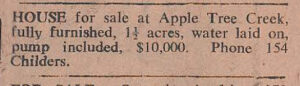 one and a half acres apple tree creek $10,000 chitchat newspaper childers
