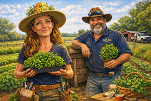 Chris and Amanda Giles on the farm cartoon bundaberg
